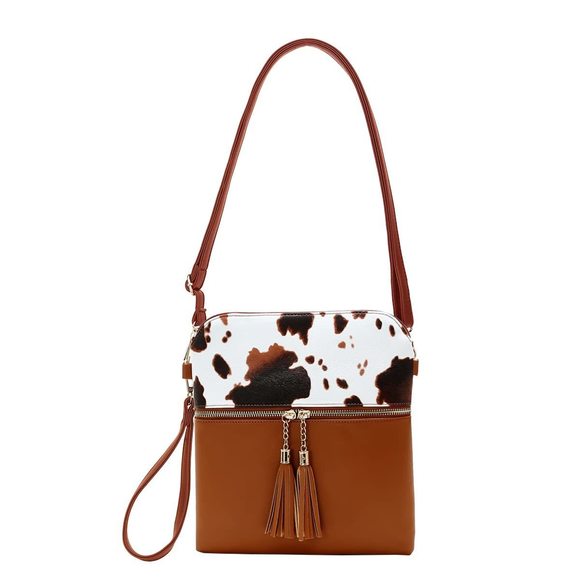 Cow Print Purse-Zier Pockets Crossbody Bag Tassel Charm Wristlet Shoulder ;) - Picture 1 of 6